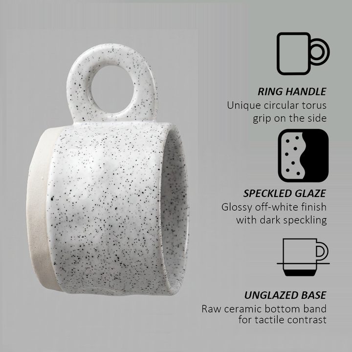 Feature callout graphic labeling the mug's ring handle, glaze, and base