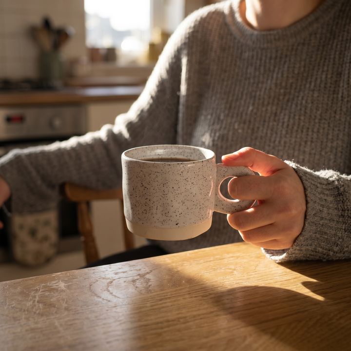 A hand holding the mug in a sunlit kitchen