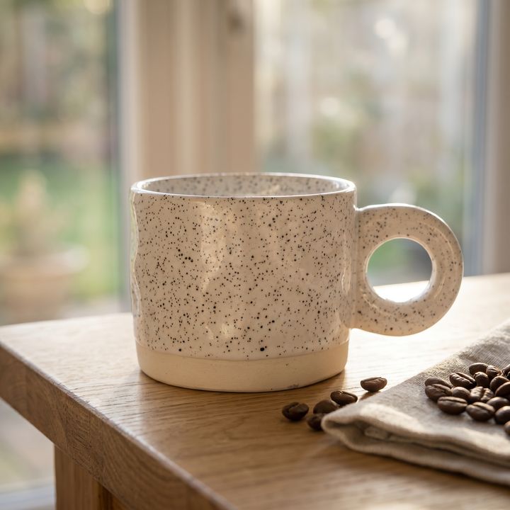 Lifestyle shot of the mug on a table with coffee beans